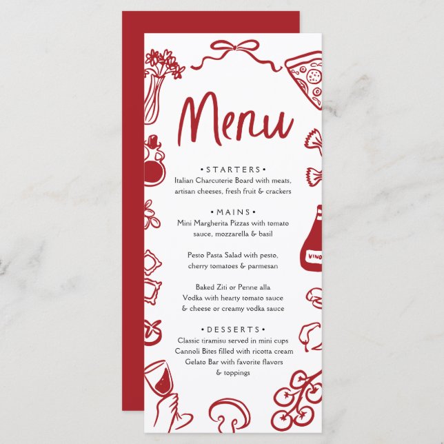 Red Hand Drawn Italian Whimsical Pizza Pasta Wine Menu (Front/Back)