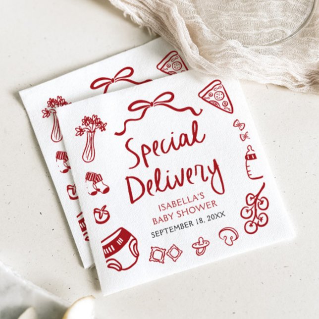Red Hand Drawn Pizza Special Delivery Baby Shower Napkin (Red Hand Drawn Pizza Special Delivery Baby Shower Napkins)
