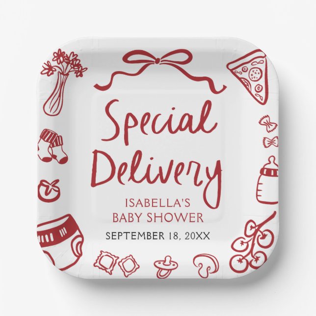 Red Hand Drawn Pizza Special Delivery Baby Shower Paper Plate (Front)