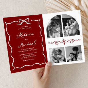 Red Hand Drawn White Bow QR Code Photo Wedding Invitation