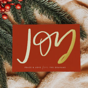 Red Hand-Lettered Joy Gold Foil Holiday Card