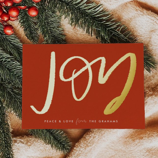 Red Hand-Lettered Joy Gold Foil Holiday Card (Hand-Lettered Joy gold foiled on a festive red holiday card)