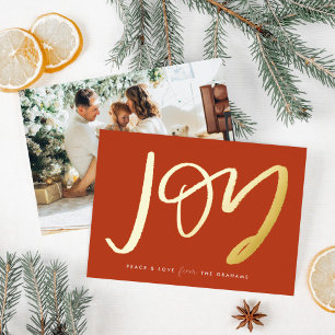 Red Hand-Lettered Joy Photo Gold Foil Holiday Card