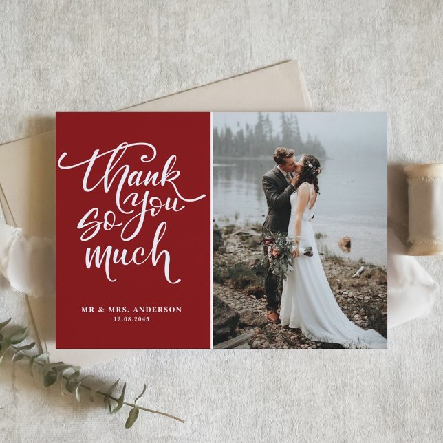 Red Hand Lettered Photo Wedding Thank You Card (Creator Uploaded)