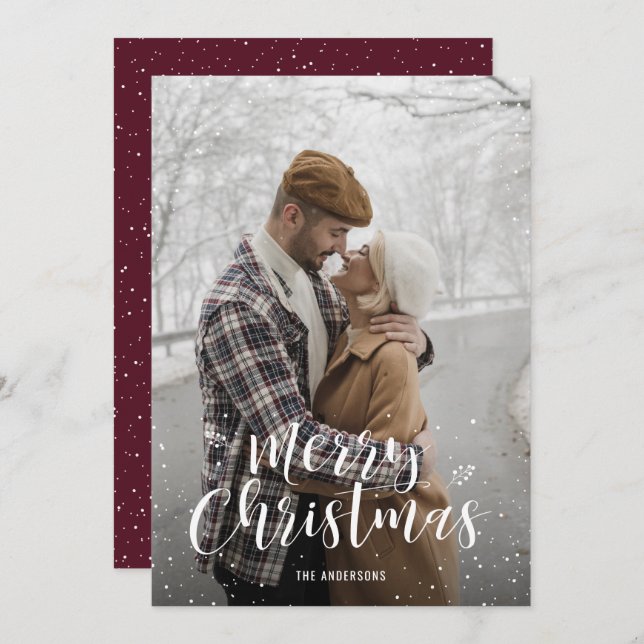 Red Hand Lettered Snow Photo Christmas Cards (Front/Back)