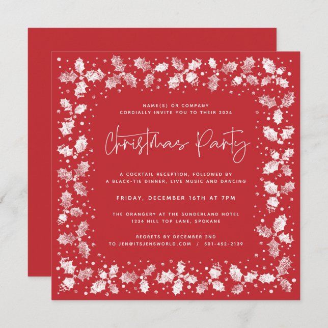 Red Hand Printed Holly+Berries Christmas Party Invitation (Front/Back)