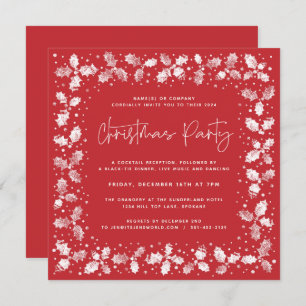Red Hand Printed Holly+Berries Christmas Party Invitation