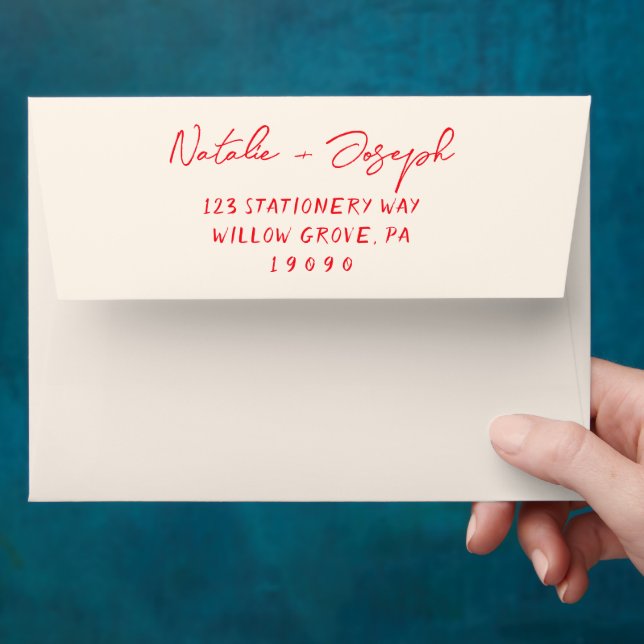 Red Hand Written Whimsical Retro Trendy Wedding Envelope (Hand)
