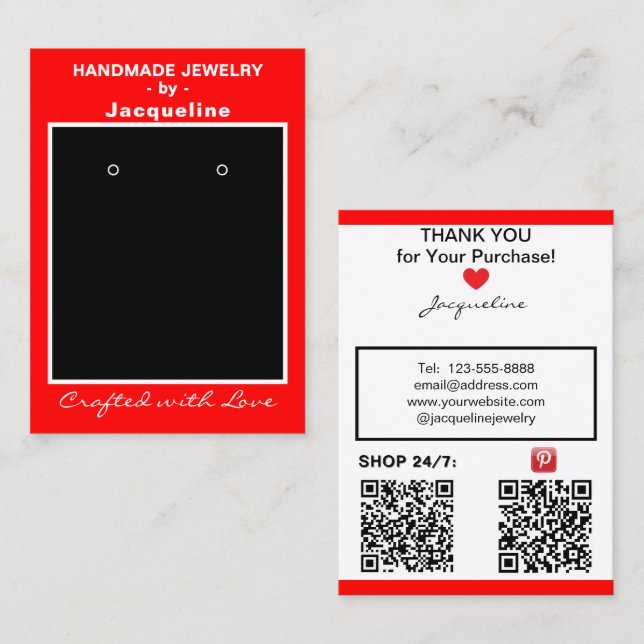 Red Handmade Jewelry Earrings Display QR Codes Business Card (Front/Back)