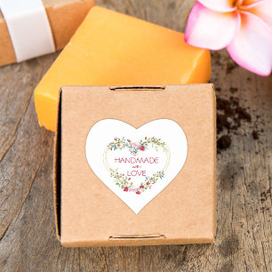 Red Handmade with Love Quote Floral Heart Sticker