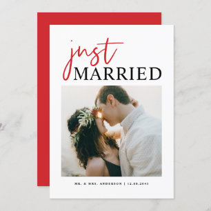 Red Handwritten Typography Just Married Photo Announcement