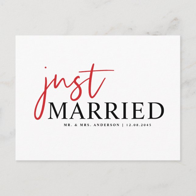 Red Handwritten Typography Modern Just Married Announcement Postcard (Front)