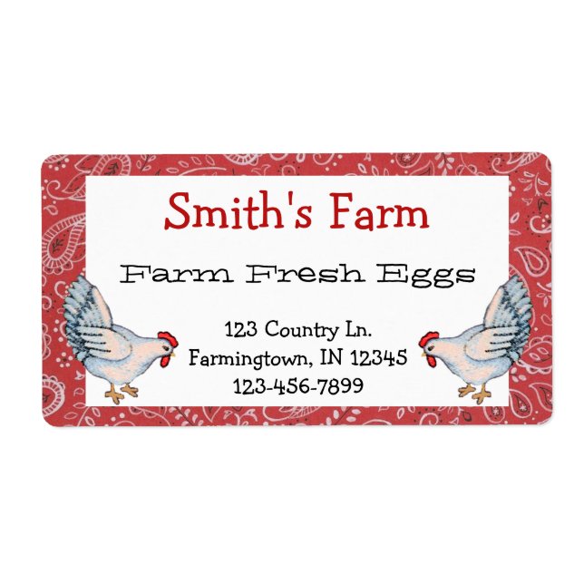 Red Hanky And Chickens Farm Fresh Eggs Label (Front)