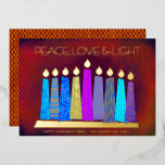 Red Hanukkah Candles Peace Love Light Real Gold Foil Holiday Card<br><div class="desc">“Peace, love & light.” A playful, modern, artsy illustration of boho pattern candles in a menorah helps you usher in the holiday of Hanukkah. Assorted blue candles with colourful real gold foil patterns, real gold foil flames and menorah, overlay a rich, deep burnt red orange textured background. Faux copper diamond...</div>