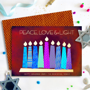 Red Hanukkah Candles Peace Love Light Real Gold Foil Holiday Card