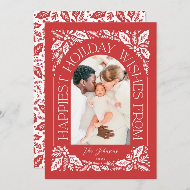 Red Happiest Wishes Arch Berry 3 Photo Collage Holiday Card (Front/Back)