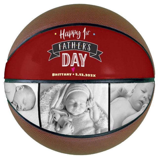 Red Happy 1st Father’s Day 3 Photo Bold Typography Basketball (Front)