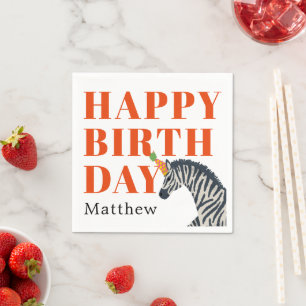 Red Happy Birthday Party Animal Zebra with Name Napkin