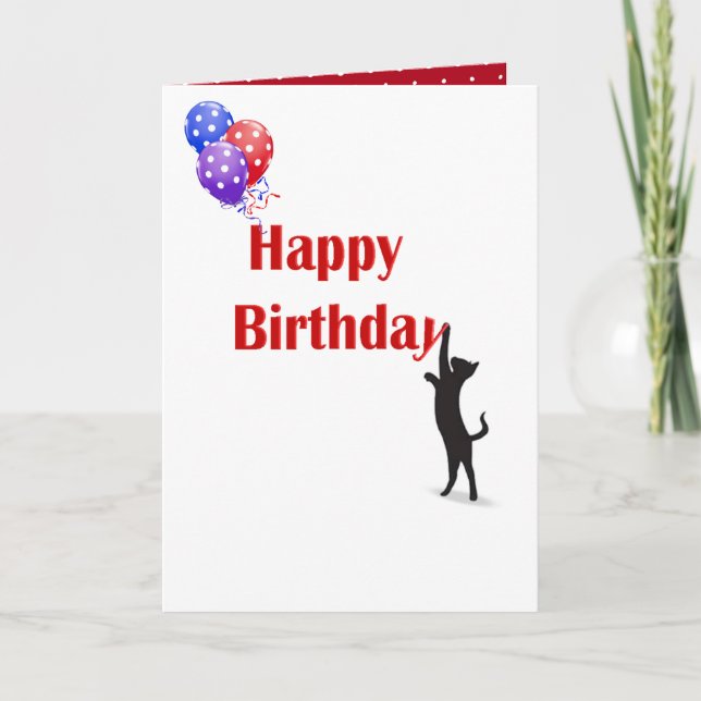 red Happy Birthday with black cat Card (Front)