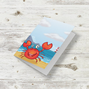 Red Happy Crab On A Beach Card