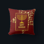 Red | HAPPY HANUKKAH with | Menorah Cushion<br><div class="desc">Stylish festive pillow with faux gold stars and menorah. HOLIDAY BLESSINGS appears in subtle background pattern. Placeholder text is customisable so you can change HAPPY HANUKKAH to a greeting of your own choice (text of similar length) or in your own language, and you can add your name or short message....</div>