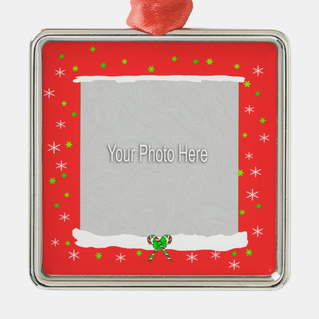 Red Happy Holiday Snowflakes (photo frame) Metal Ornament (Front)