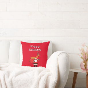 Red Happy Holidays African American Santa Claus Cushion
