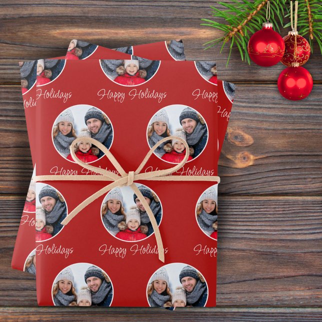 Red Happy Holidays Family Photo Christmas Wrapping Paper Sheet (Creator Uploaded)