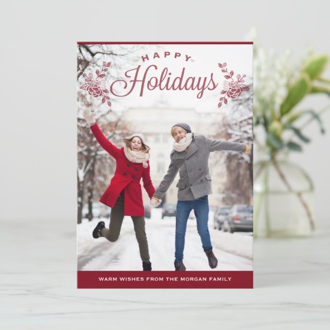 Red Happy Holidays Mix Typography Wedding Photo  Holiday Card (Standing Front)