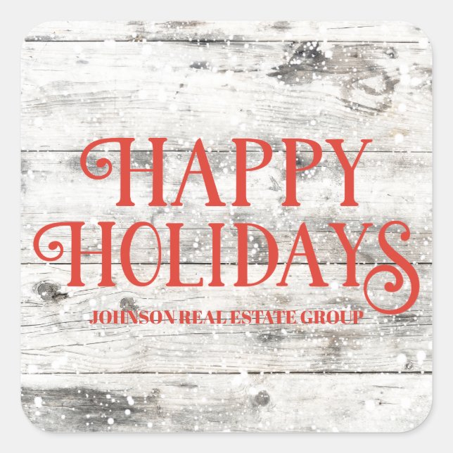 Red Happy Holidays on Wood  | Holiday Greetings Square Sticker (Front)