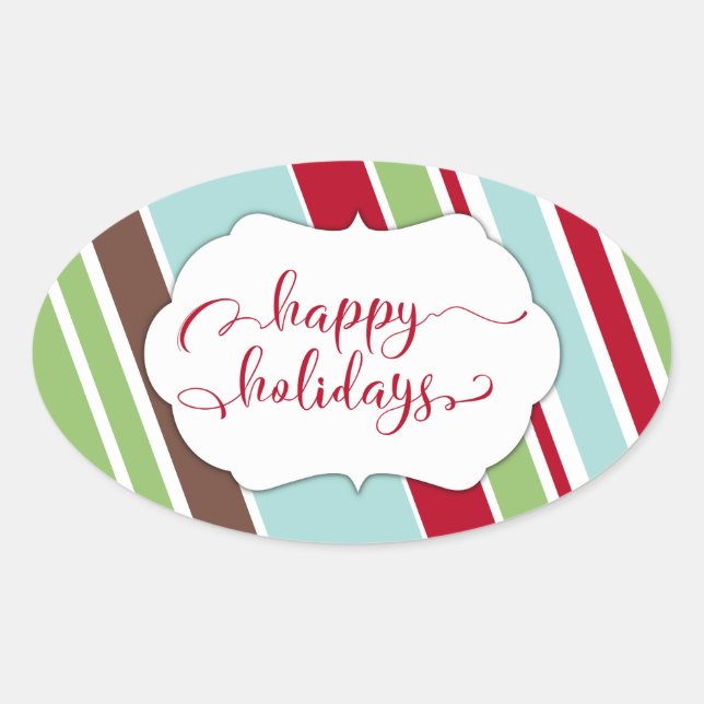 Red Happy Holidays Typography w/ Diagonal Stripes Oval Sticker (Front)