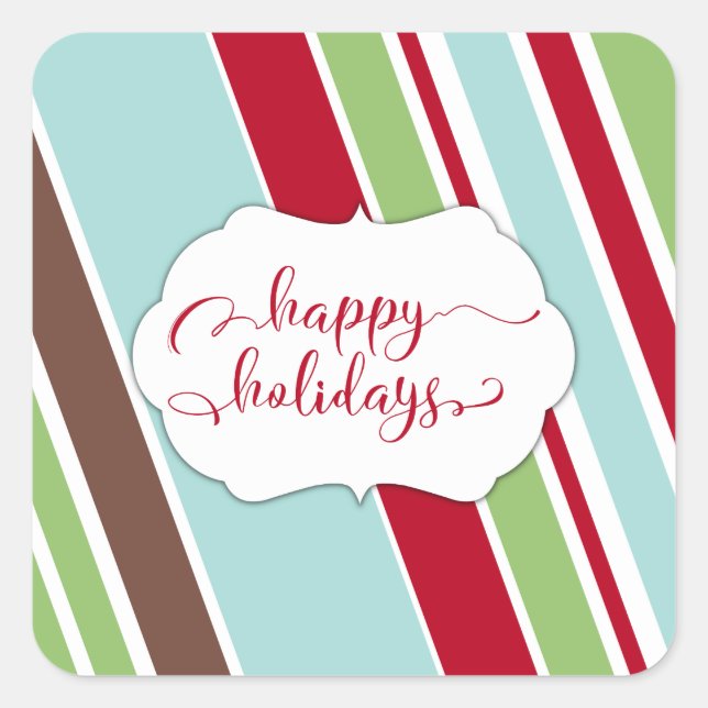 Red Happy Holidays Typography w/ Diagonal Stripes Square Sticker (Front)