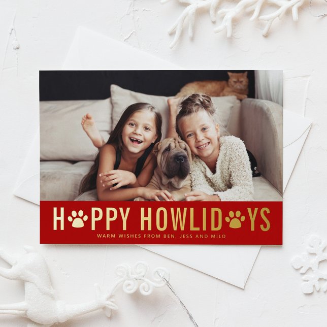 Red Happy Howlidays Modern Typography Dog Photo Foil Holiday Card (Creator Uploaded)