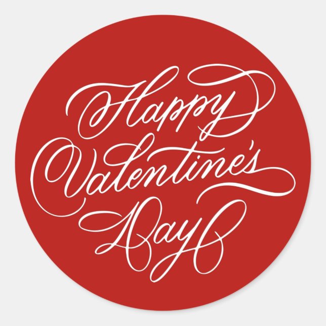 Red Happy Valentines Day Elegant Calligraphy  Classic Round Sticker (Front)