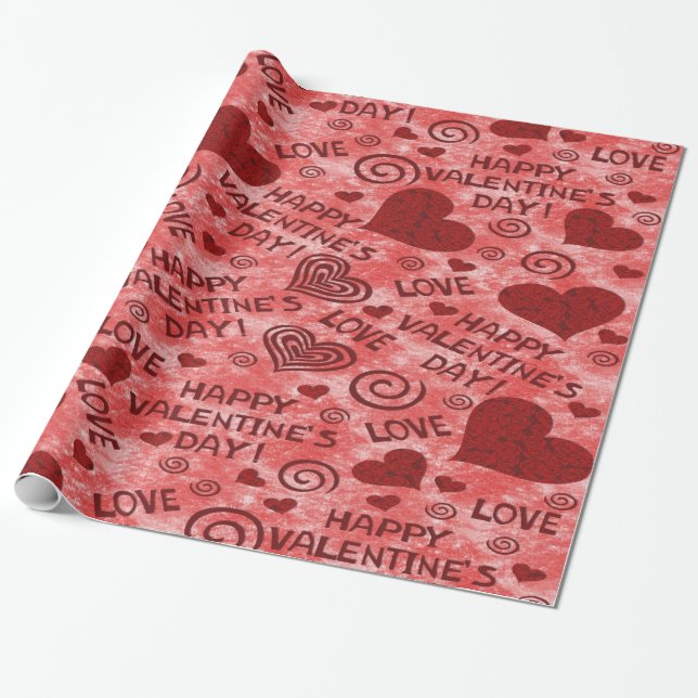 Red Happy Valentine's Day Wrapping Paper (Unrolled)