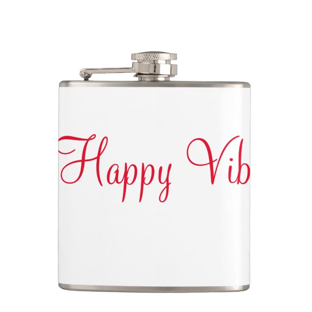 Red happy vibes holiday simple minimal calligraphy hip flask (Front)