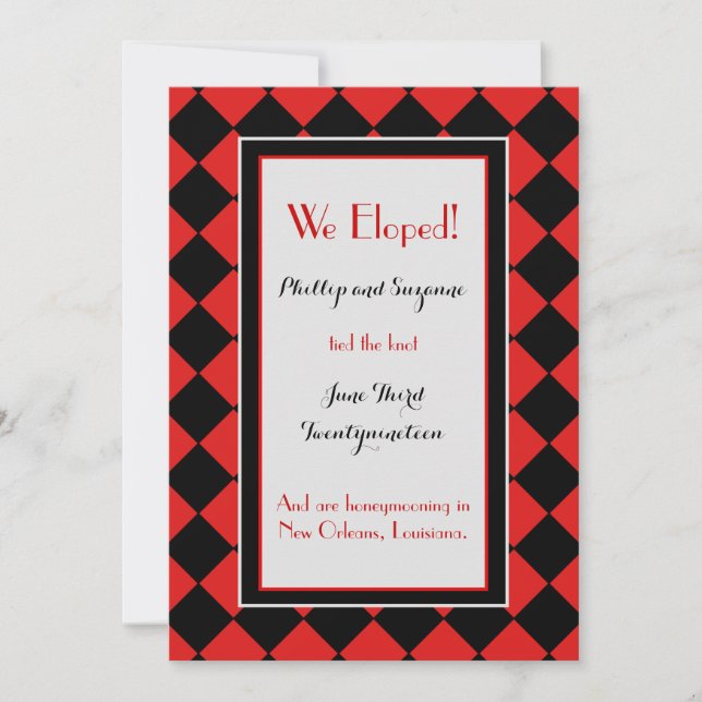 Red Harlequin Pattern Elopement Announcement (Front)