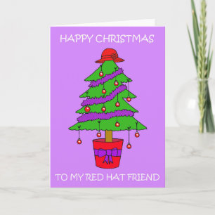 Red Hat Christmas Tree Cartoon Card