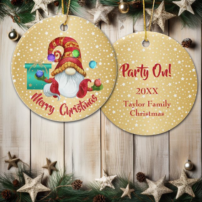 Red Hat Juggling Gnome Gold Star Background Ceramic Ornament (Creator Uploaded)