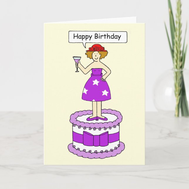 Red Hat Lady Happy Birthday Cartoon Lady Card (Front)