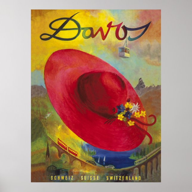 Red hat over summer mountain scenery, Davos Poster (Front)