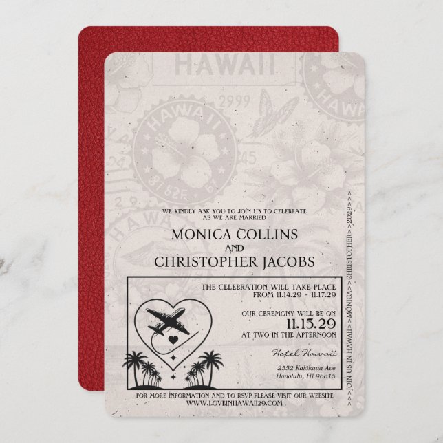 Red Hawaii Passport Wedding Invitation (Front/Back)