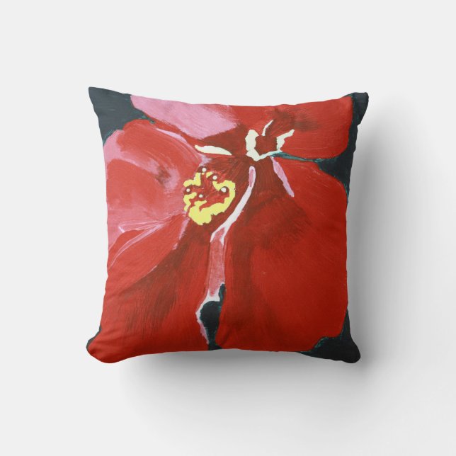 Red Hawaiian Hibiscus Flower Painting Cushion (Front)
