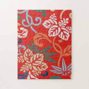Red Hawaiian Japanese Kimono Design Floral Jigsaw Puzzle