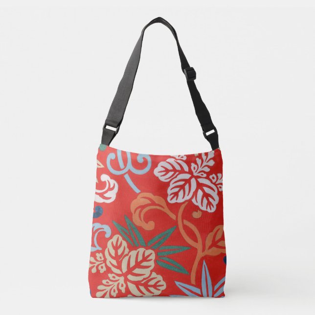 Red Hawaiian Japanese Kimono: Vintage Floral Crossbody Bag (Front)