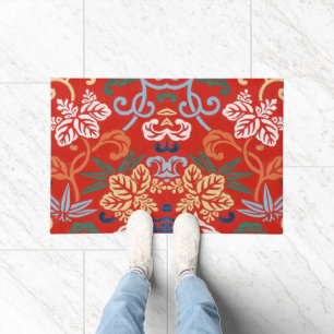 Red Hawaiian Japanese Kimono Vintage Floral Doormat