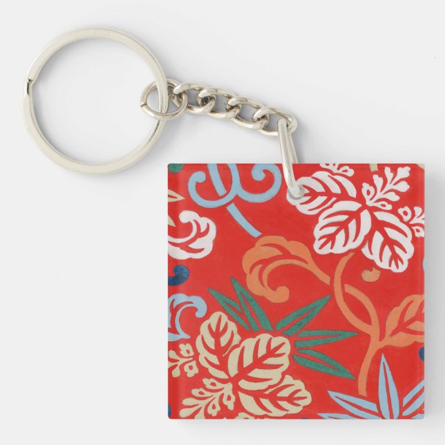 Red Hawaiian Japanese Kimono: Vintage Floral Key Ring (Front)