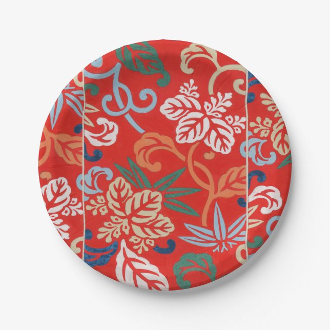 Red Hawaiian Japanese Kimono: Vintage Floral Paper Plate (Front)