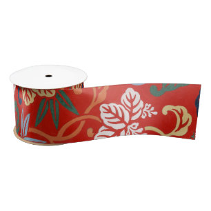Red Hawaiian Japanese Kimono Vintage Floral Satin Ribbon