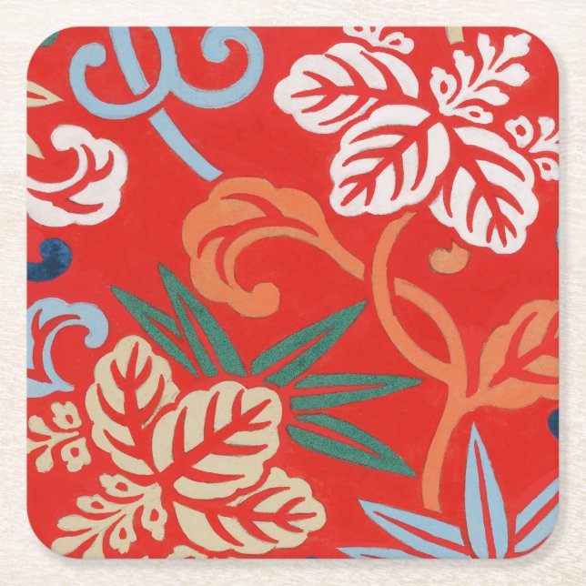 Red Hawaiian Japanese Kimono: Vintage Floral Square Paper Coaster (Front)